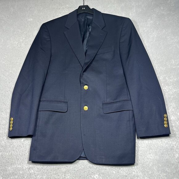 Polo Ralph Lauren Blazer Mens 37R Navy Blue GOLD 2-Button Wool Jacket USA Made - Picture 1 of 13